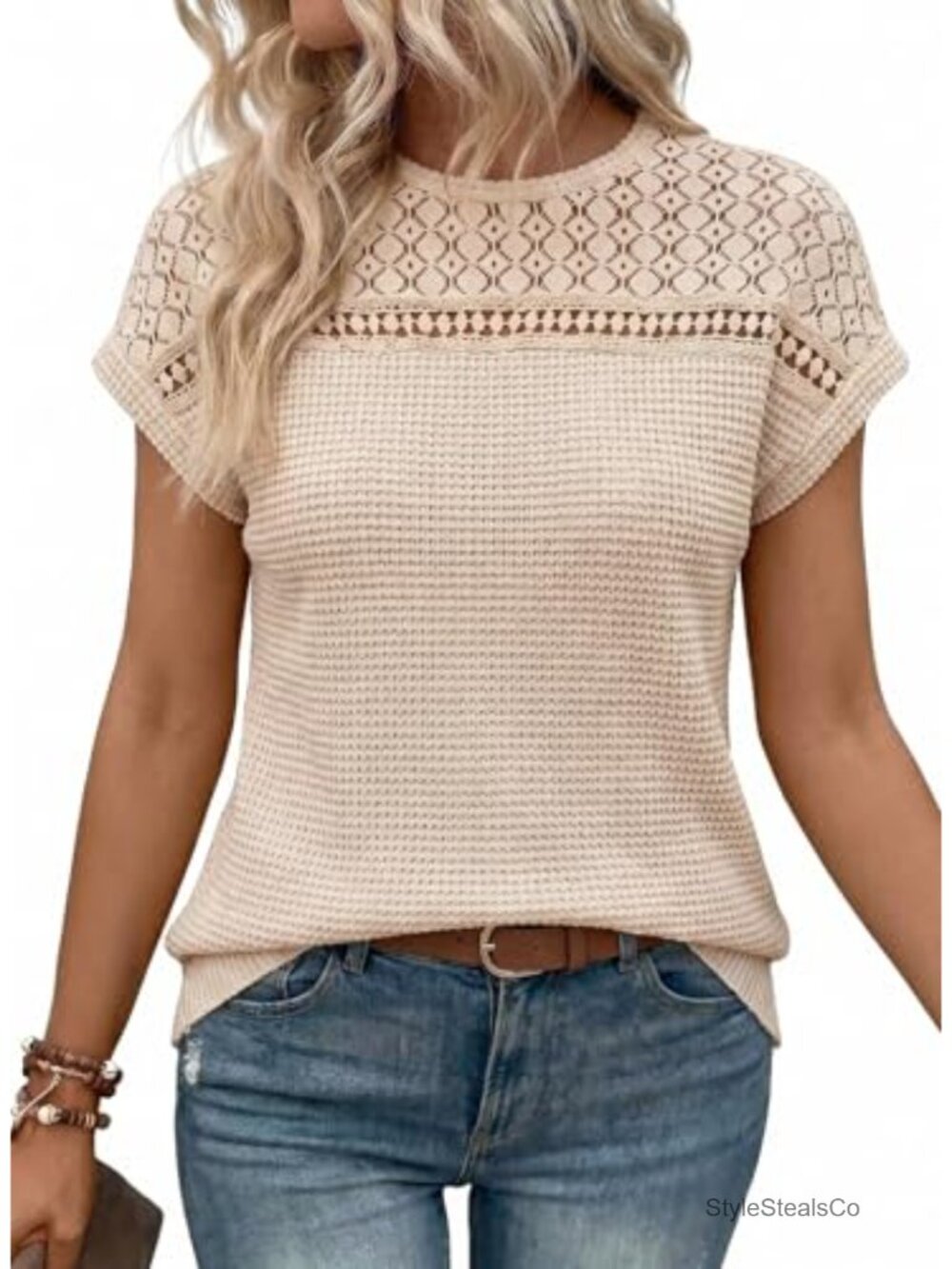 Waffle Knit Hollow Out Scoop Neck Short Sleeve Tunic Top